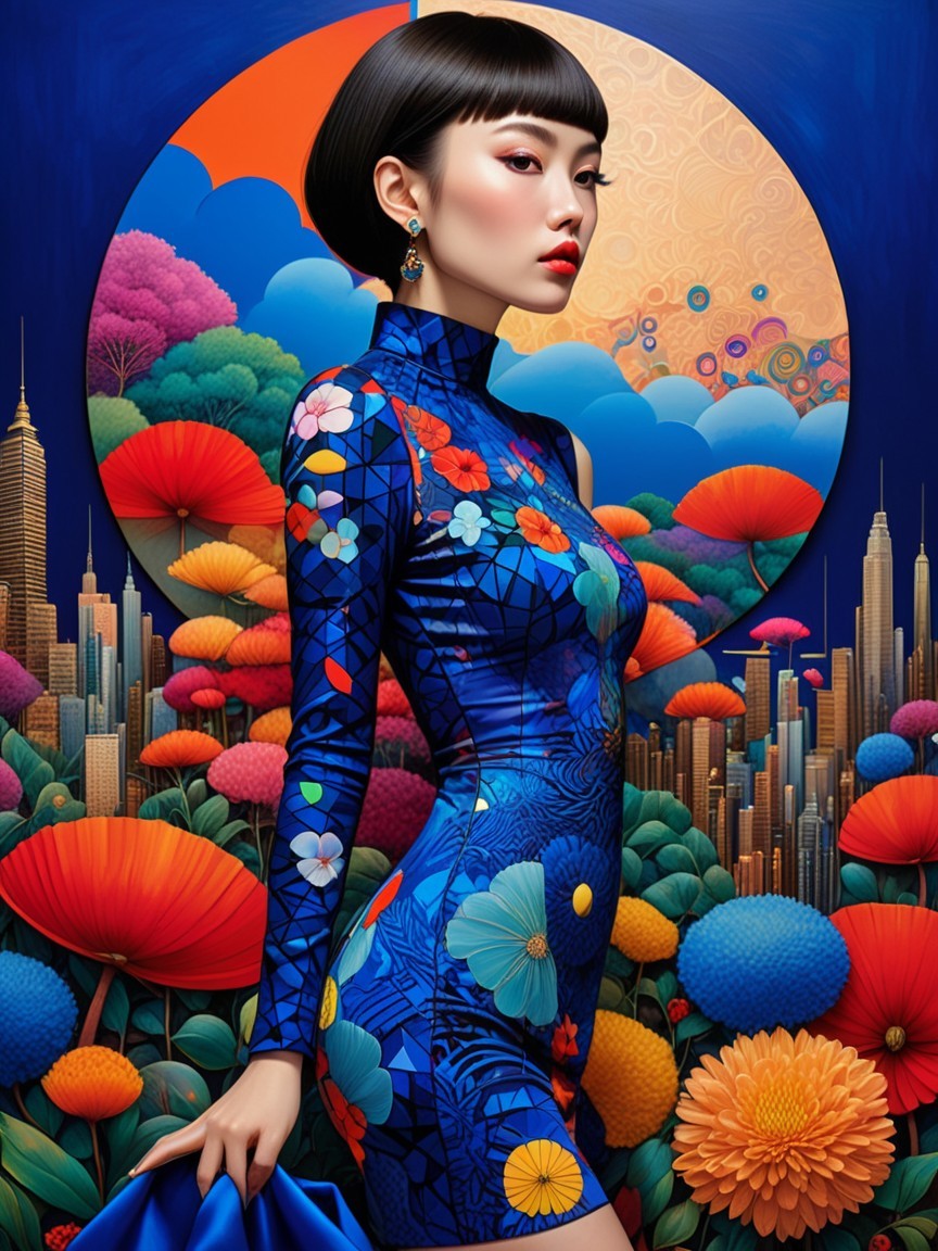 Woman in Blue Dress with Floral Patterns and Abstract Background