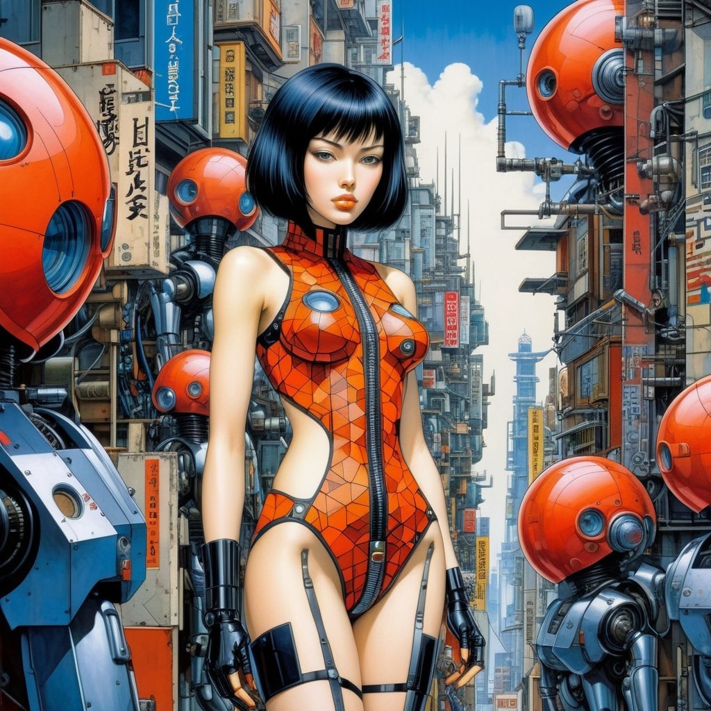 Futuristic City Scene with Robots and Bold Fashion