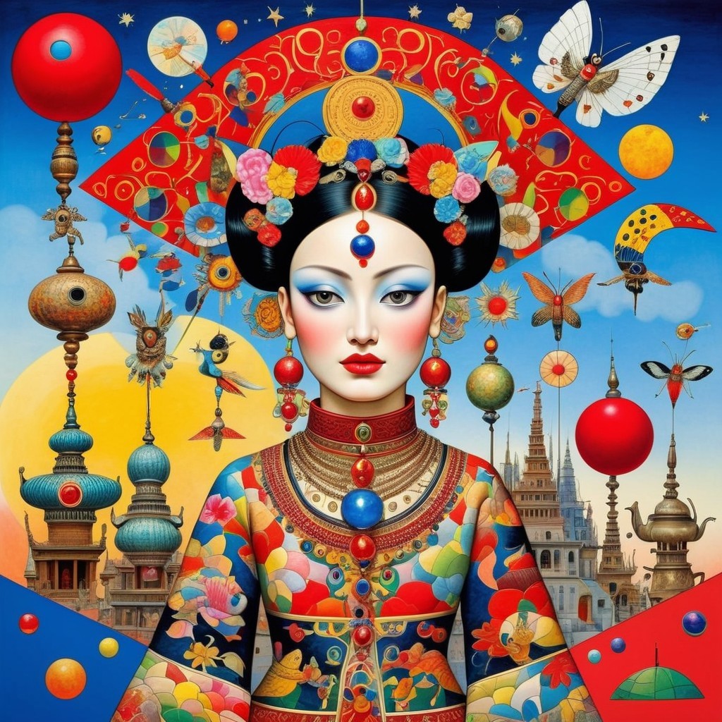 Traditional Attire with Whimsical Elements and Landscape