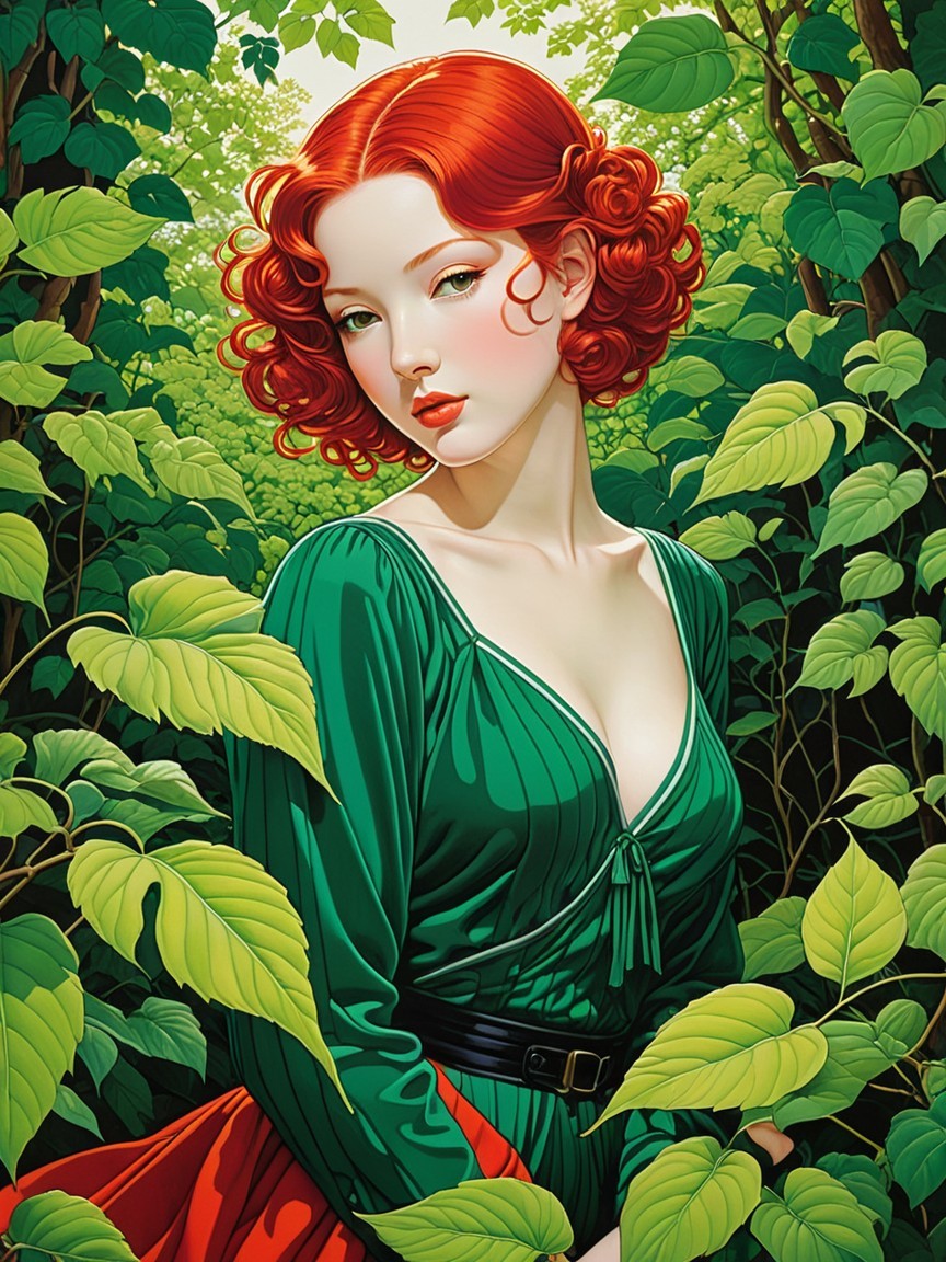 Young woman in green dress amidst lush foliage