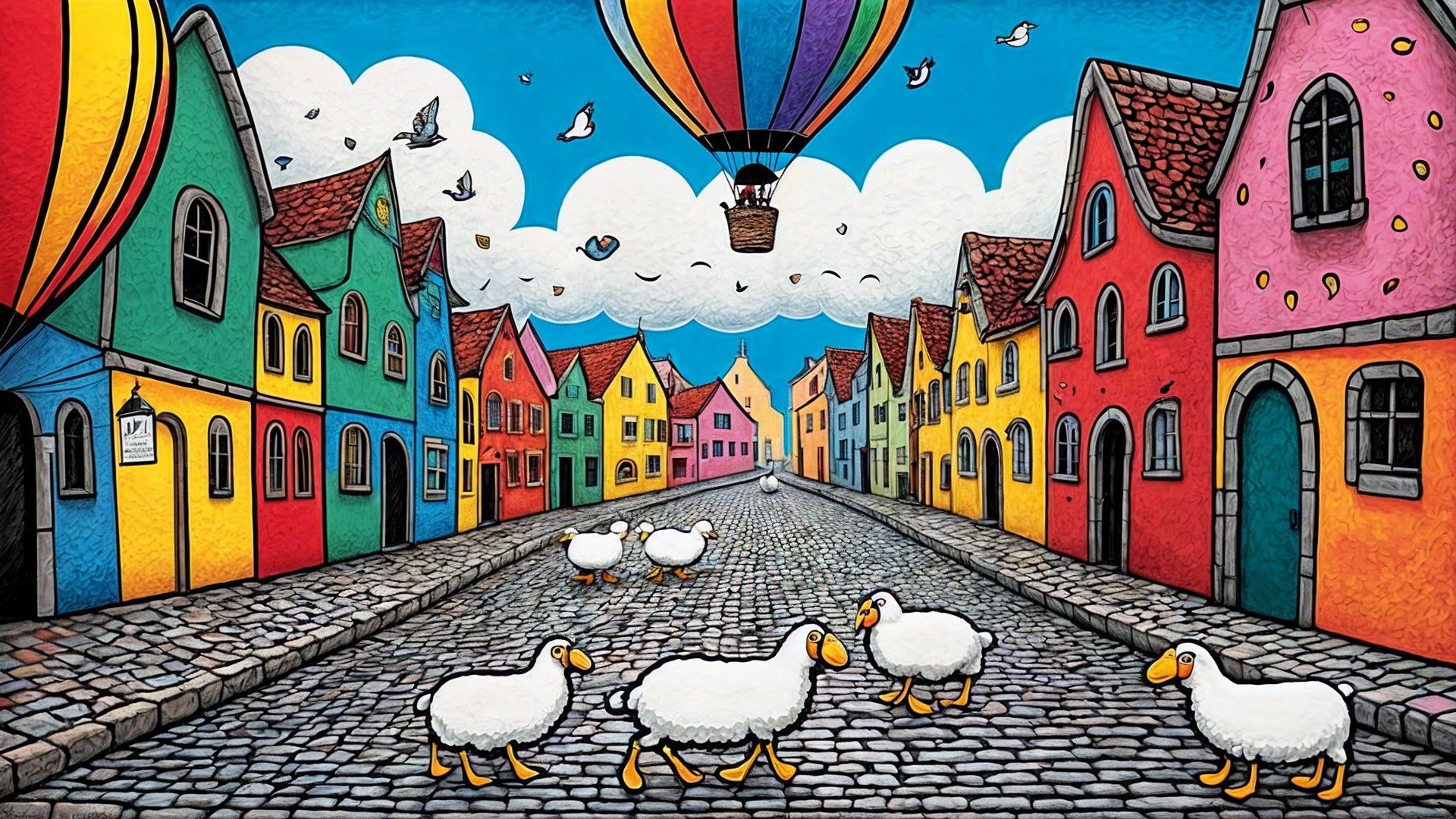 Whimsical Village Scene with Colorful Houses and Geese