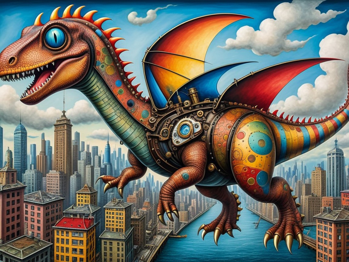 Colorful Steampunk Dragon Over Cityscape Scene