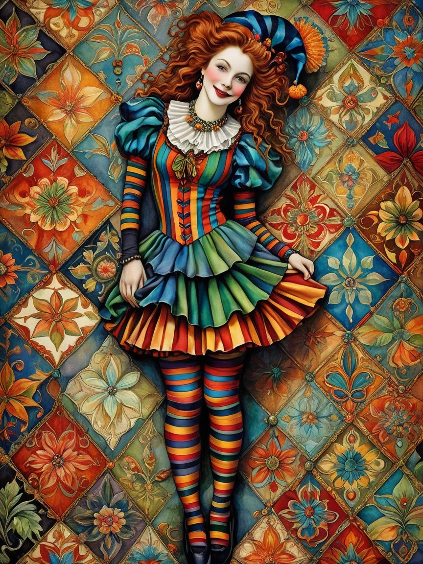 Whimsical Figure on Floral Patterned Floor in Costume