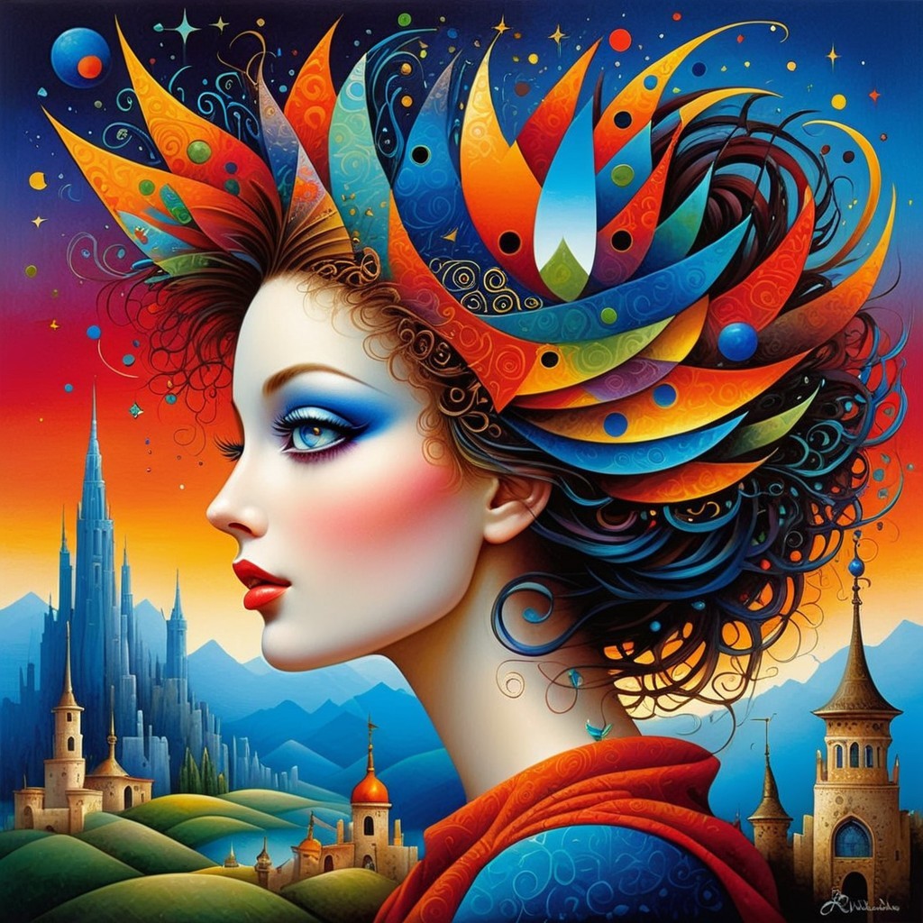 Stylized Profile of Woman with Colorful Hair and Landscape