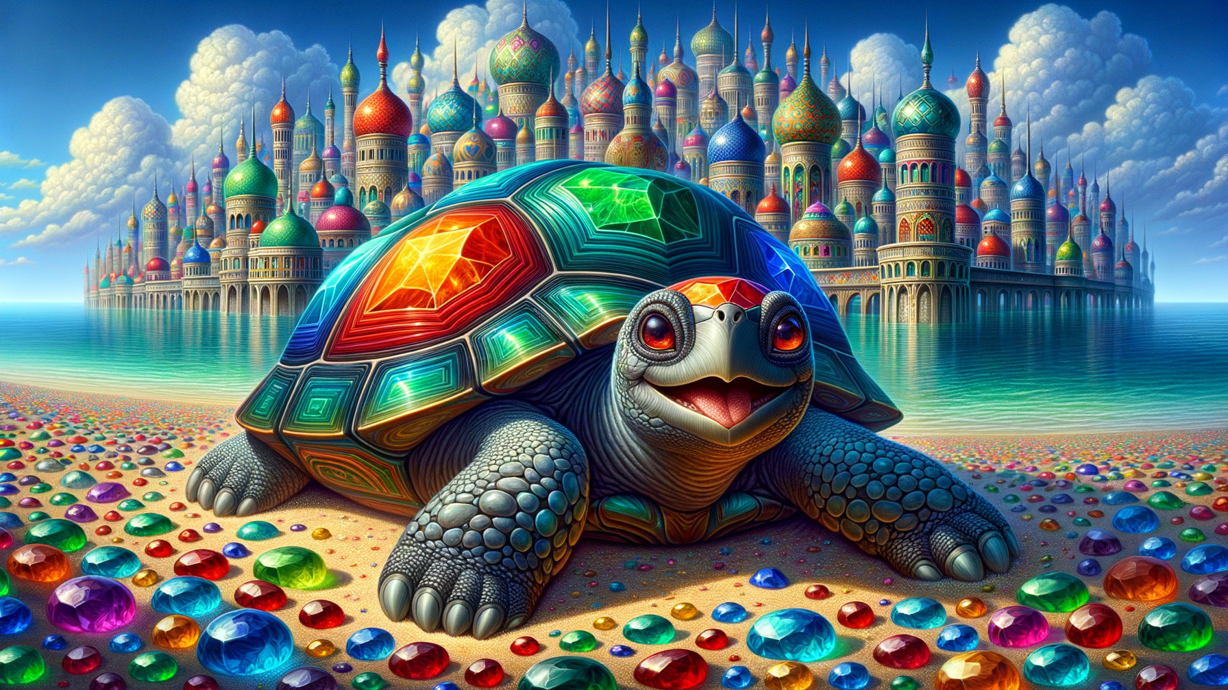 Vibrant Turtle with Gemstones on Sandy Shore