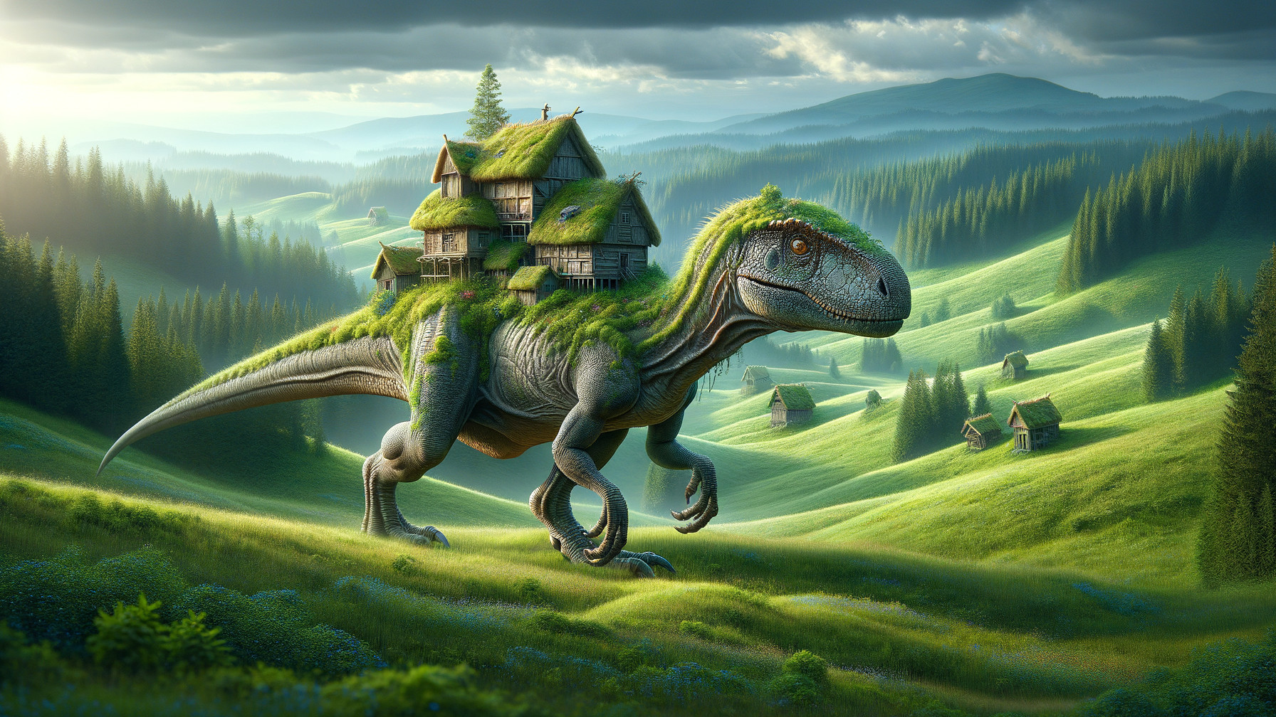 Dinosaur with Green Landscape and Rustic Houses