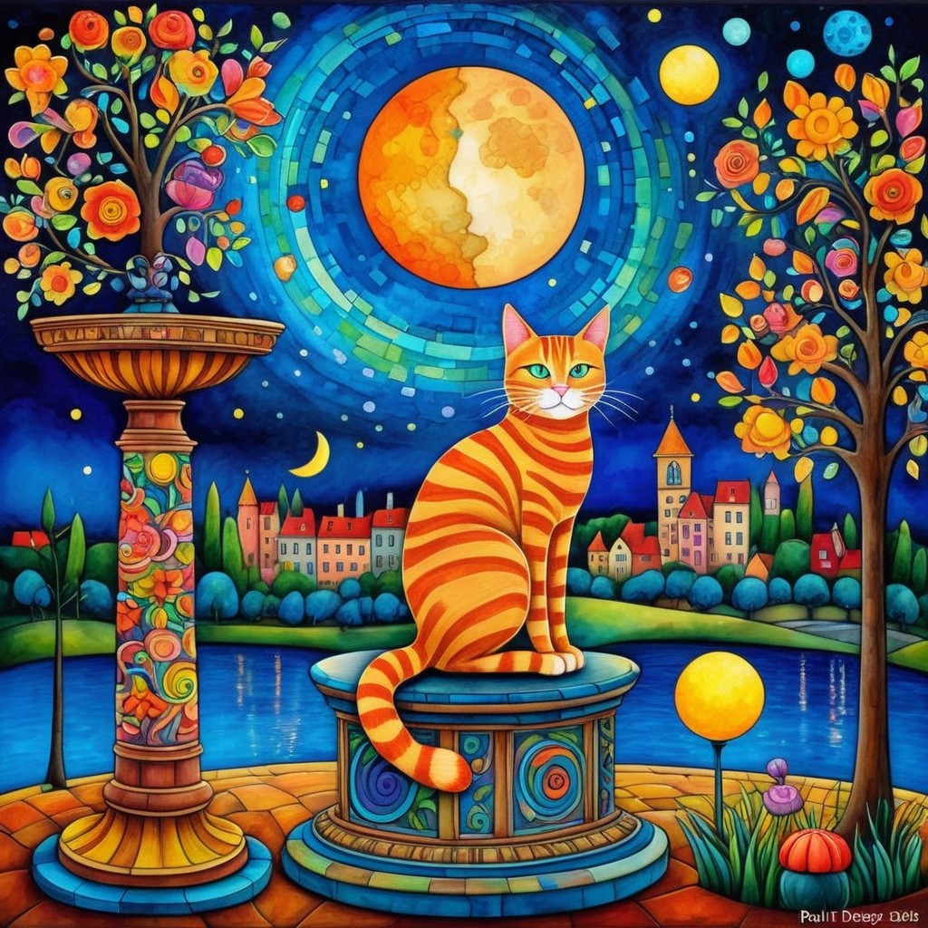 Vibrant Dreamlike Scene with Orange Tabby Cat