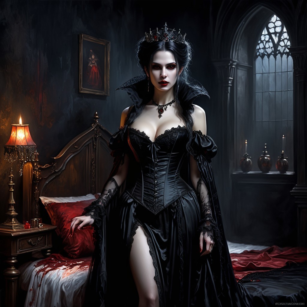 Gothic Scene of a Mysterious Woman in Black Gown