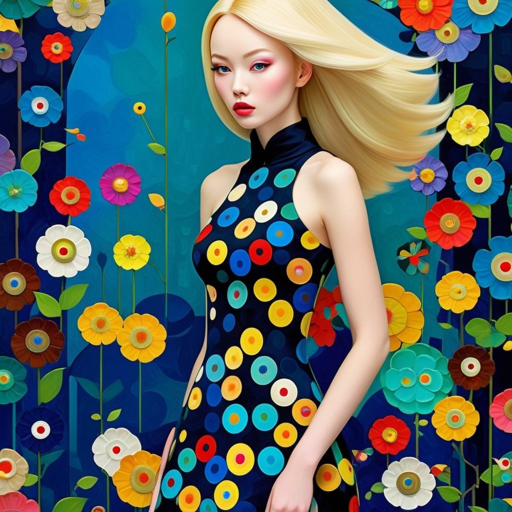 Elegant figure in black dress among colorful flowers