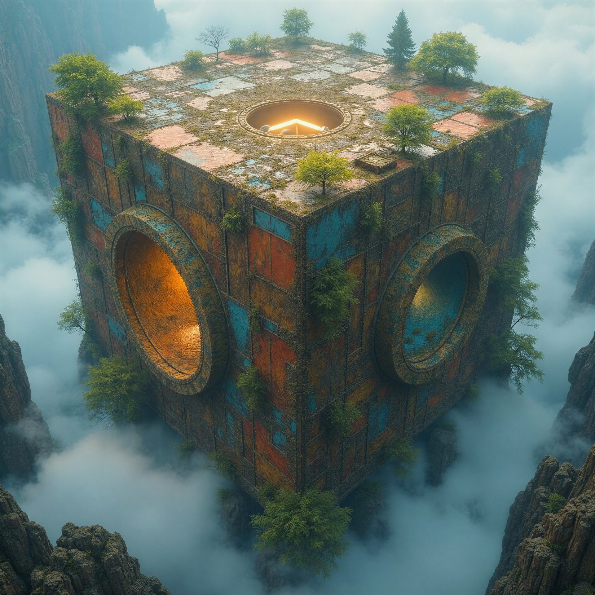 Overgrown Cube Structure Above Misty Valley Landscape