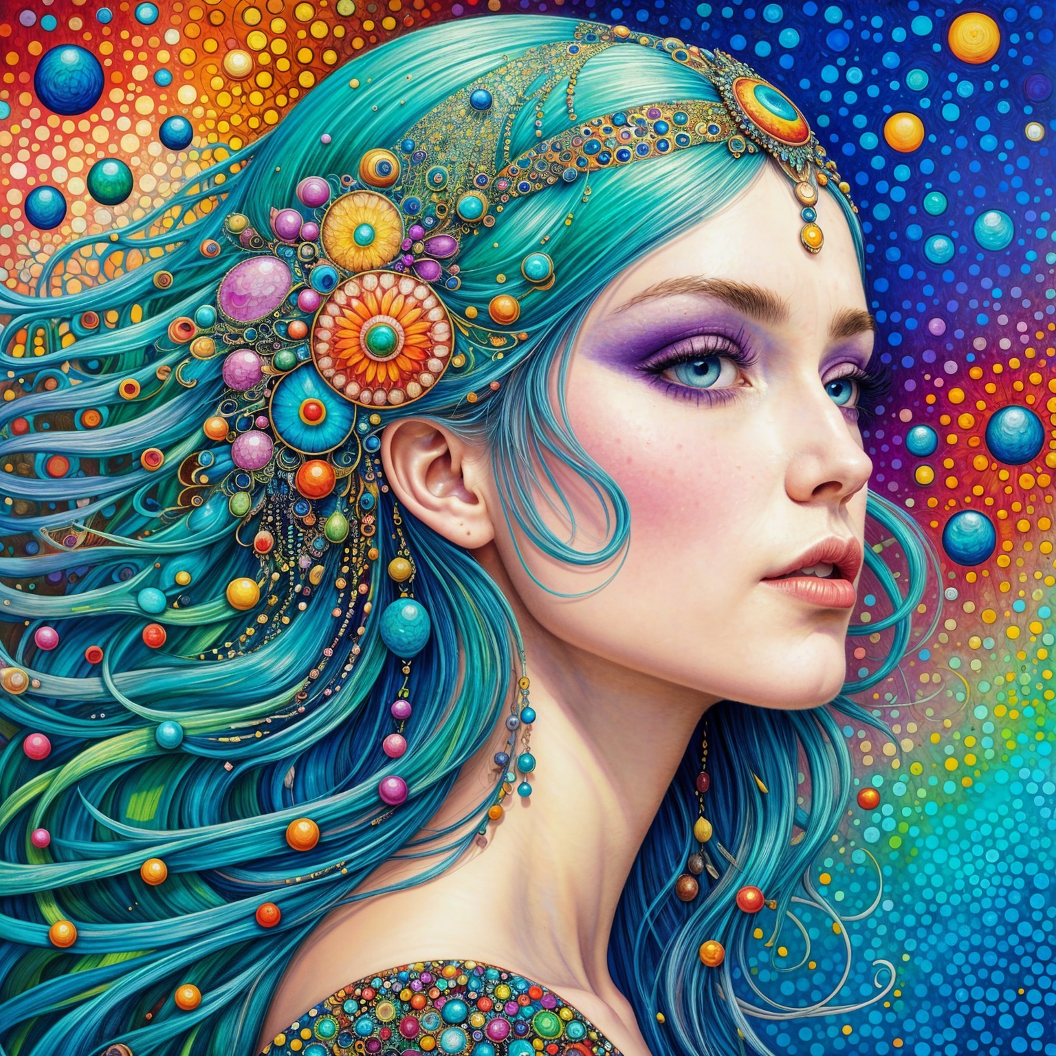 Portrait of a Young Woman with Teal Hair and Headpiece