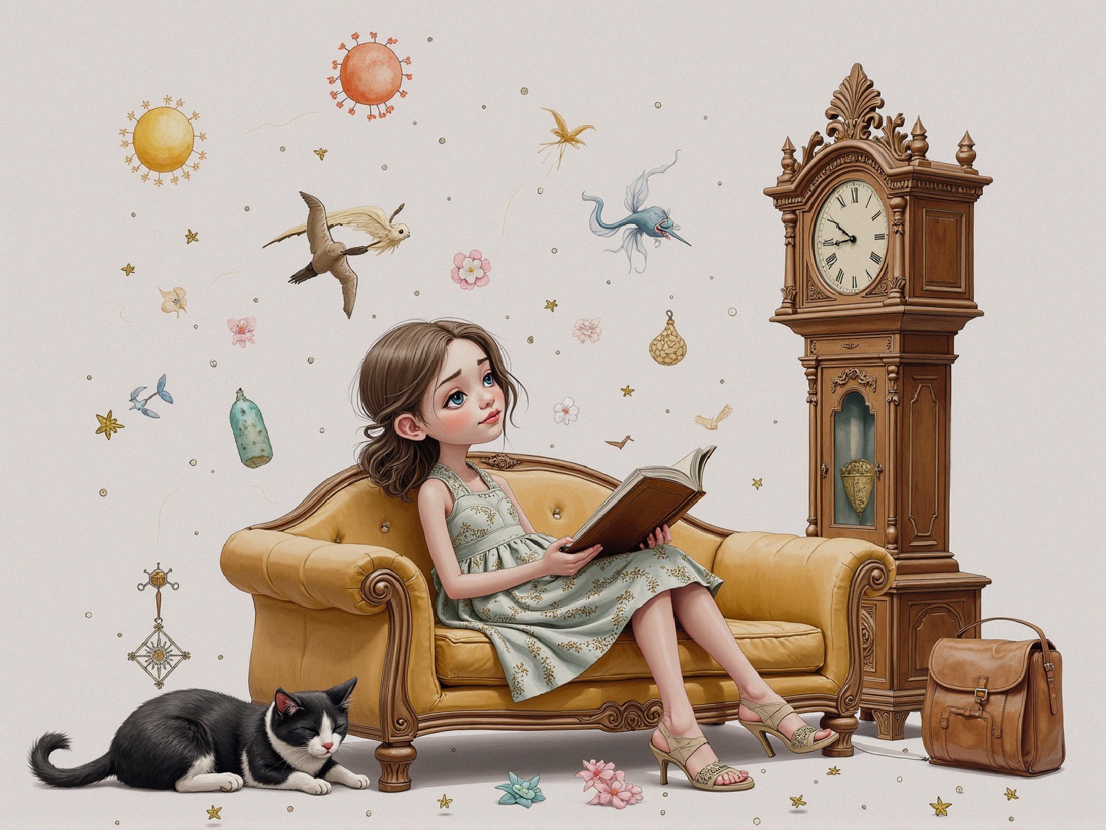 Cozy Scene of a Girl Reading with a Cat and Decor