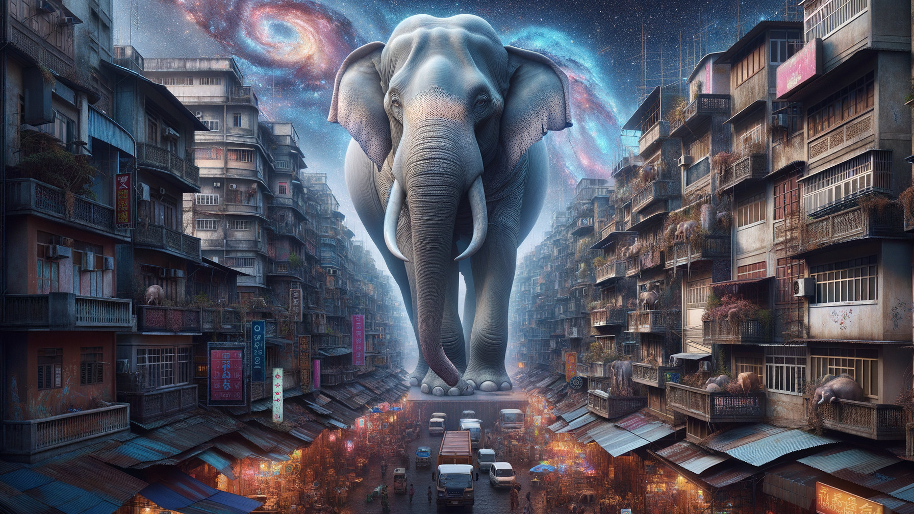 Urban Street Scene with Surreal Elephant Under Stars