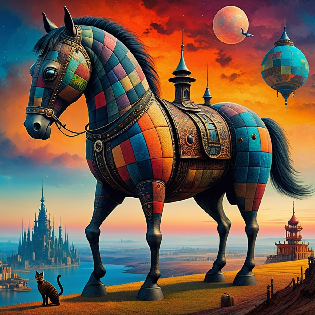 Colorful Horse in Surreal Landscape with Cat and Castles