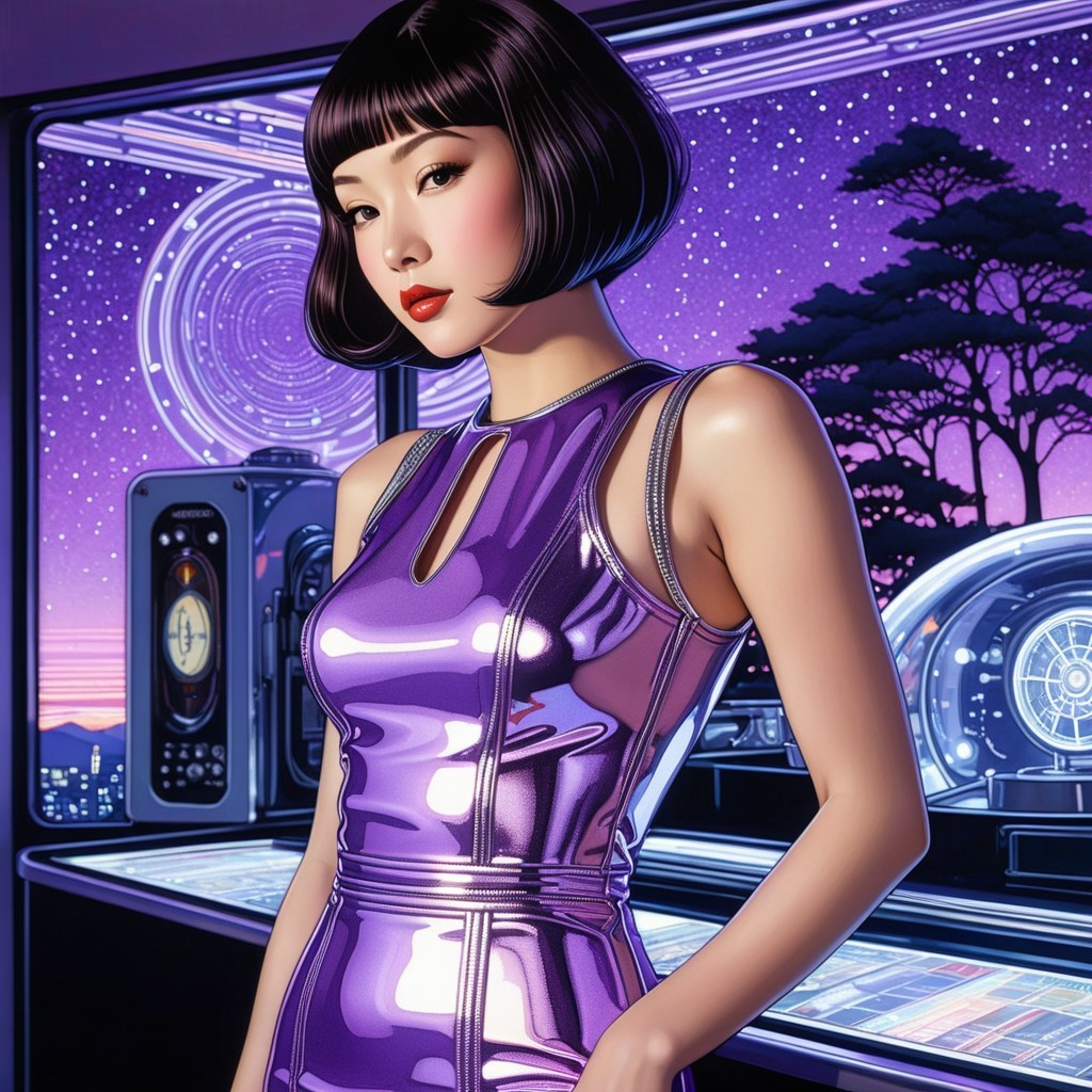 Futuristic Scene with Woman in Purple Dress and Cosmos
