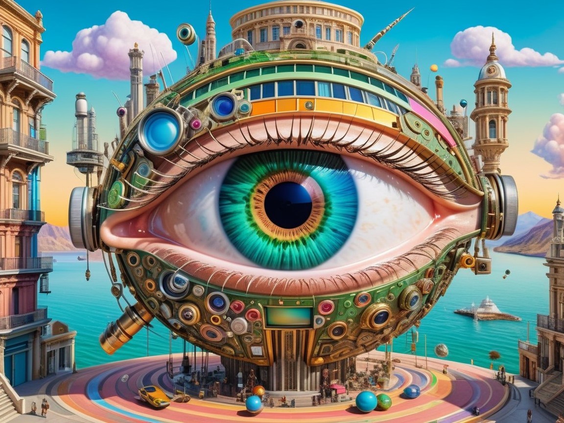 Giant Eye Structure in a Vibrant Futuristic Landscape