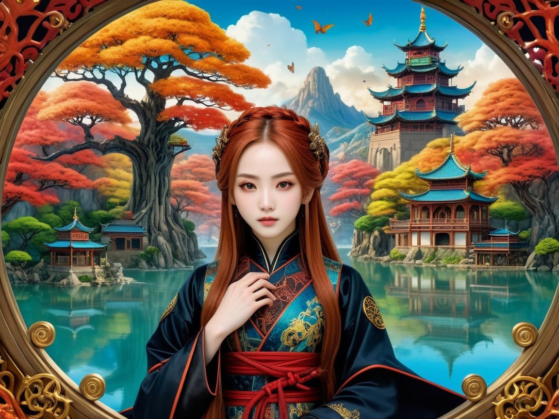Young Woman in Traditional Attire Amidst Autumn Landscape