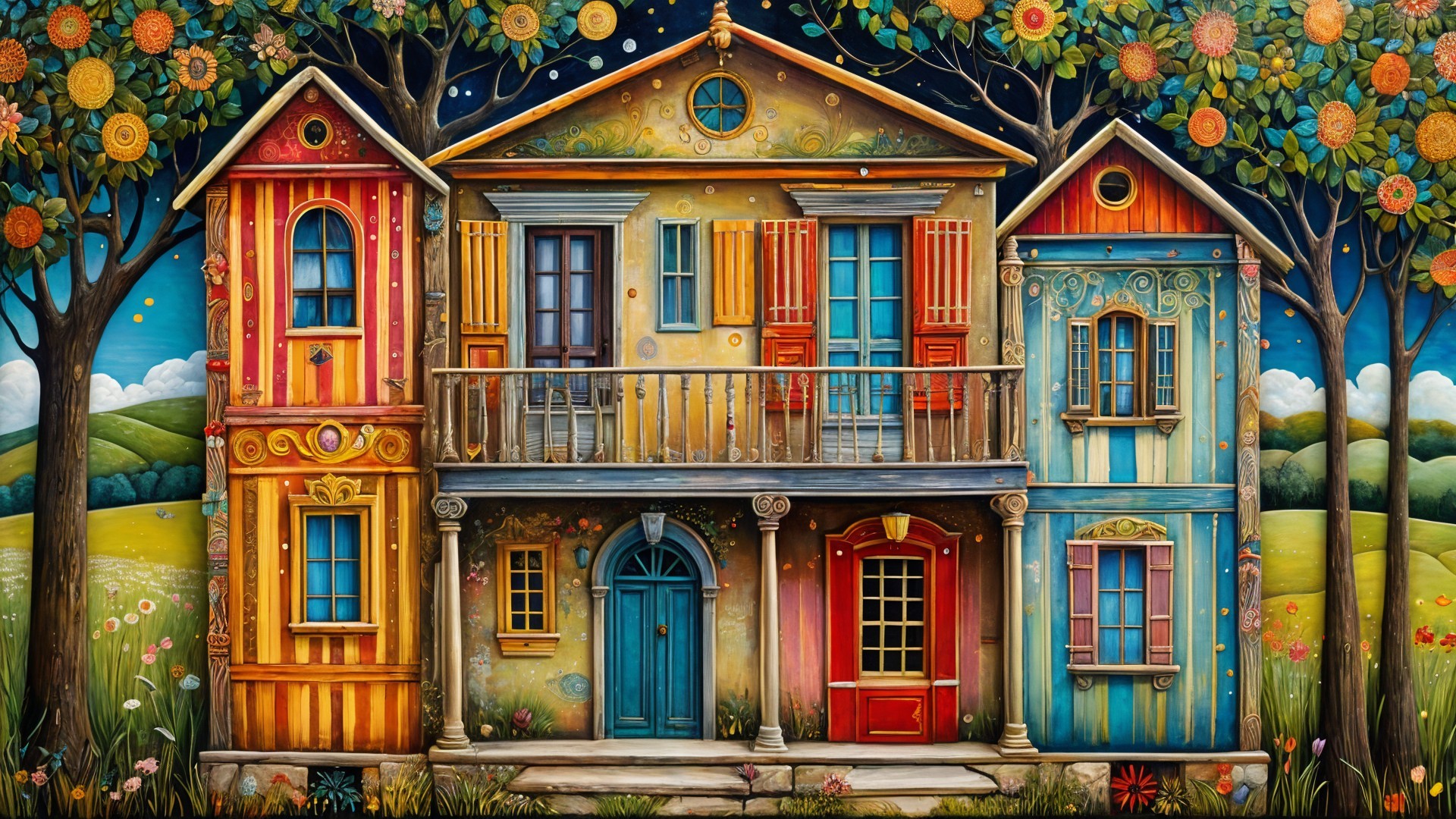 Colorful Houses in a Whimsical Garden Setting