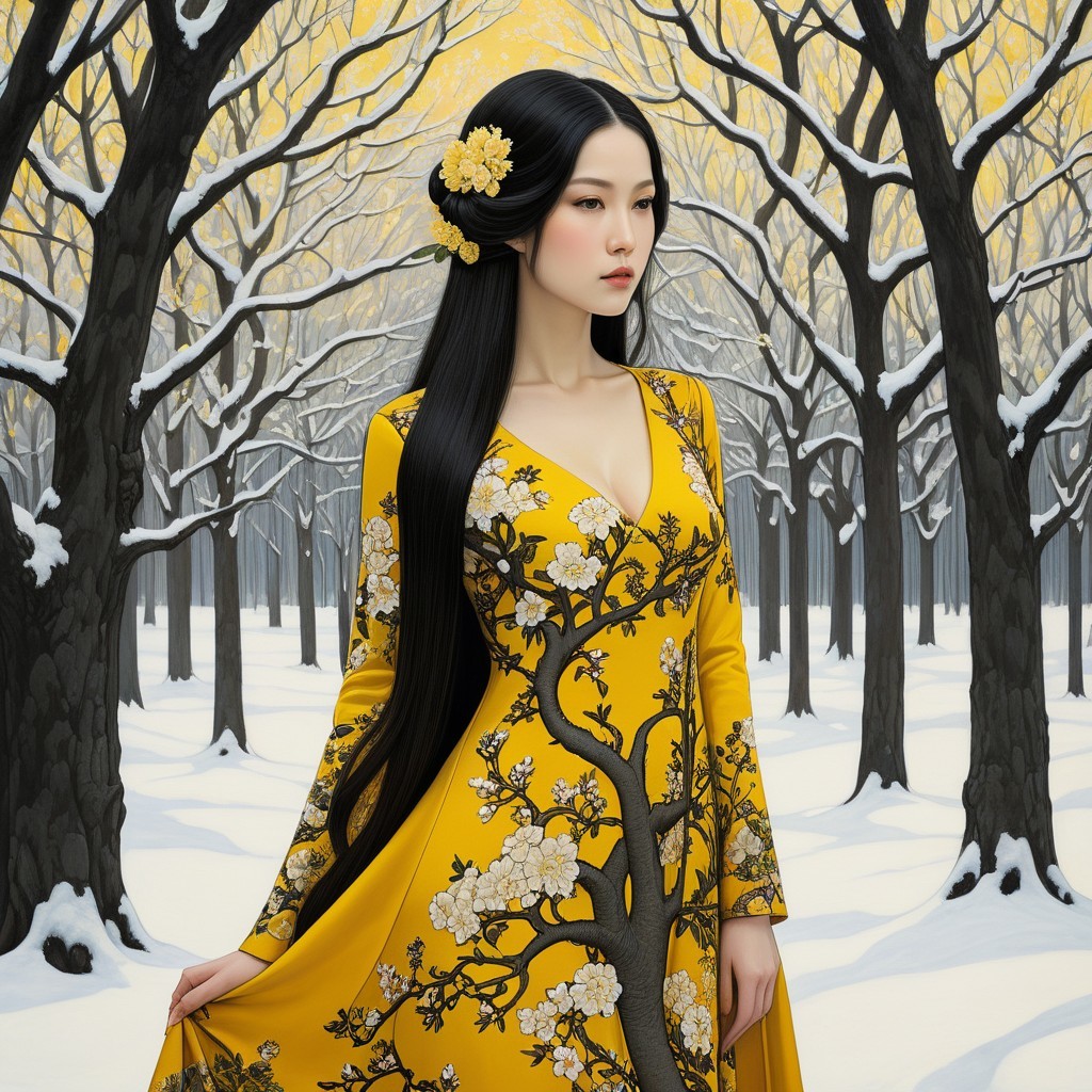 Young Woman in Yellow Dress in Winter Forest Setting