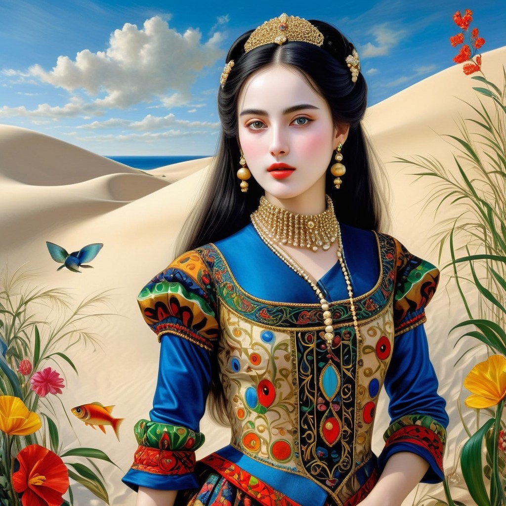 Young Woman in Colorful Dress in Desert Landscape