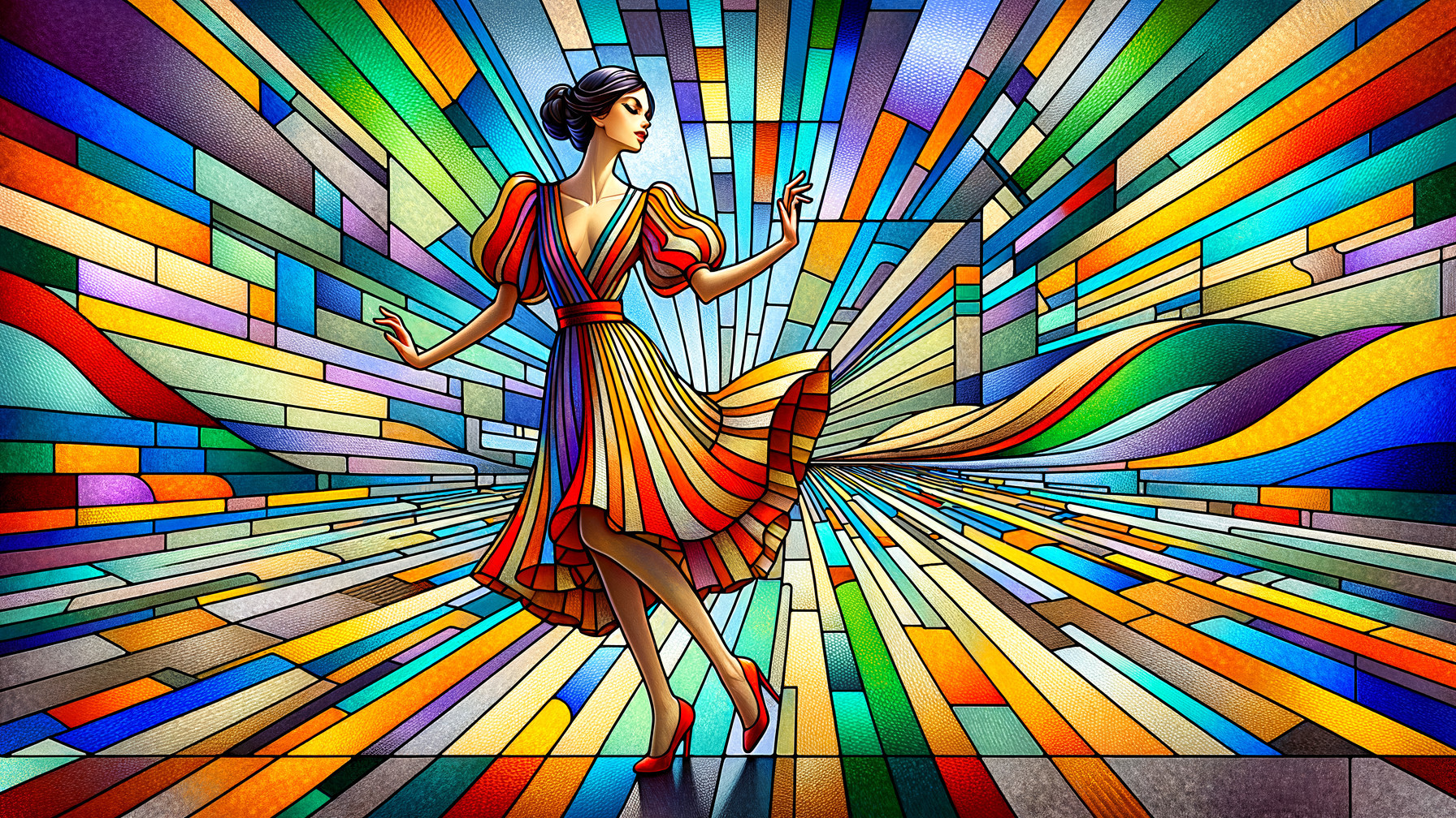 Colorful Stained Glass Artwork of a Dancing Woman