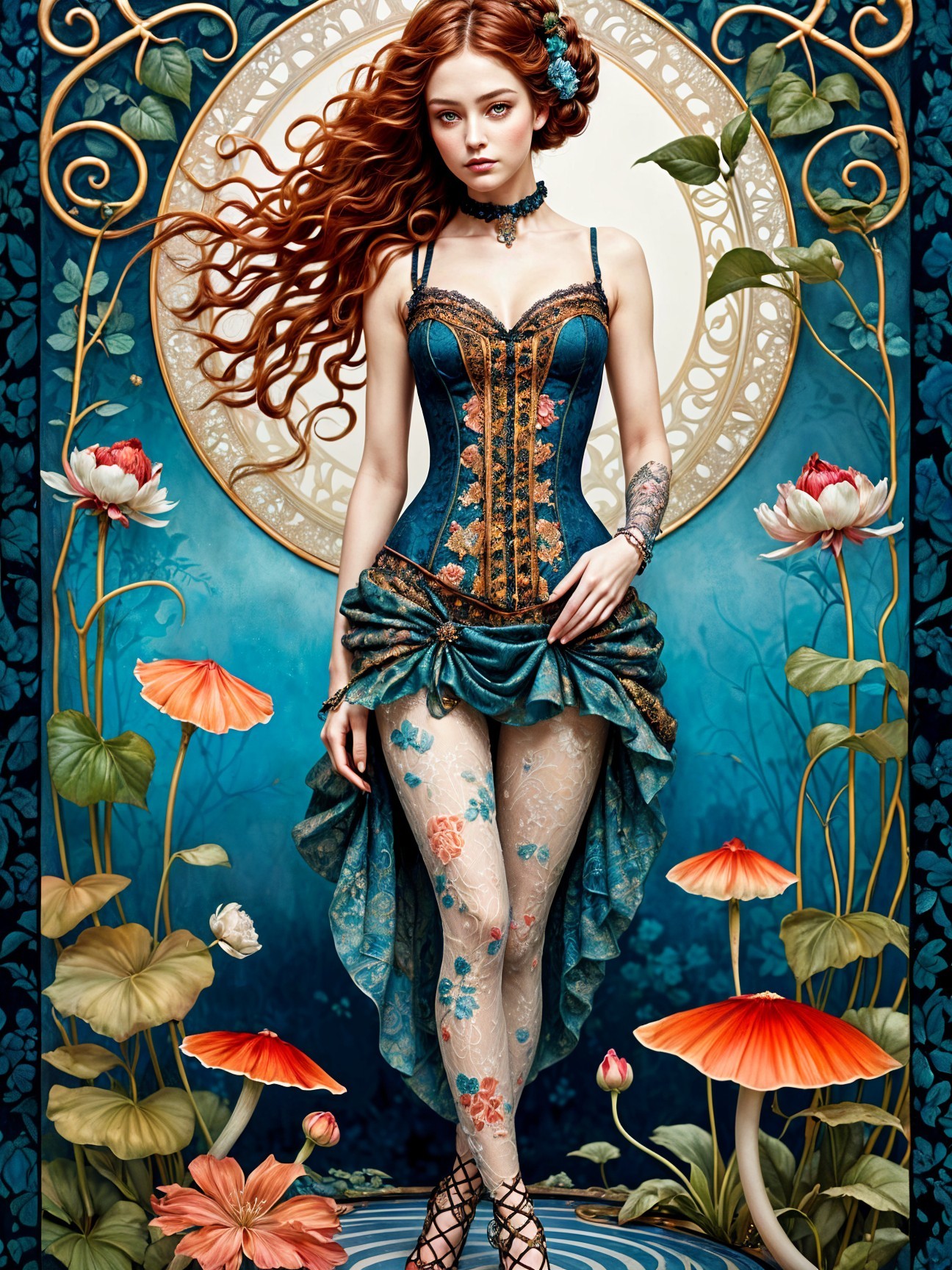 Elegant Woman in Teal Corset Dress Surrounded by Flowers