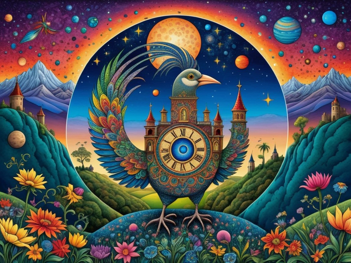Surreal Landscape with Colorful Bird and Cosmic Sky