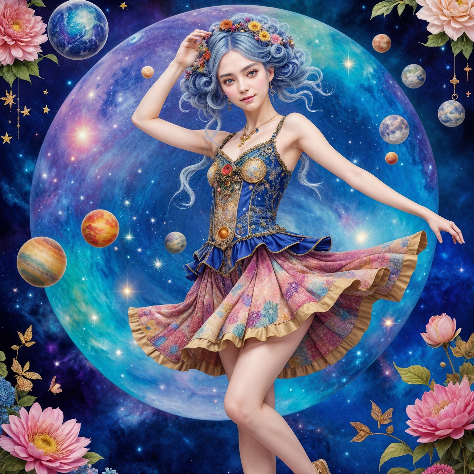 Whimsical Figure in Floral Dress Against Cosmic Background