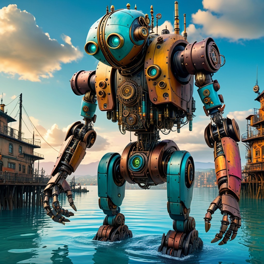 Steampunk Robot in Water with Colorful Details
