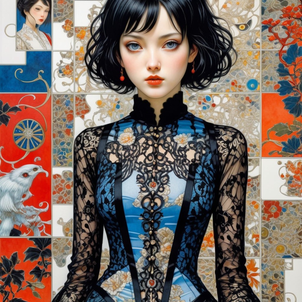 Portrait of a woman in an elegant dress with ornate background