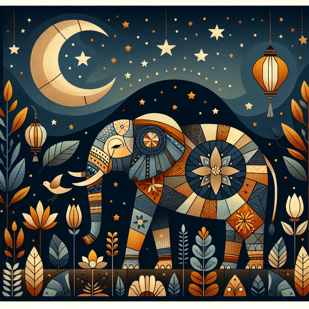 Whimsical Elephant Illustration Under Starry Sky