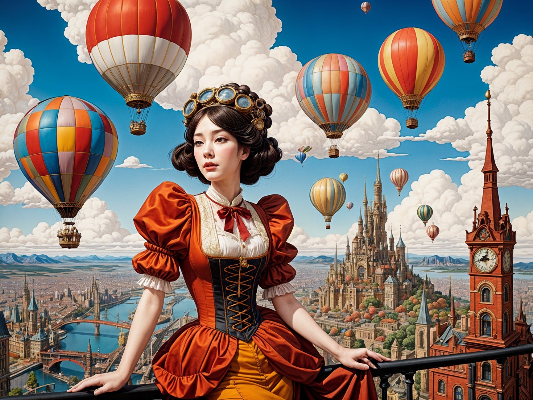 Young woman in vintage dress on balcony with balloons