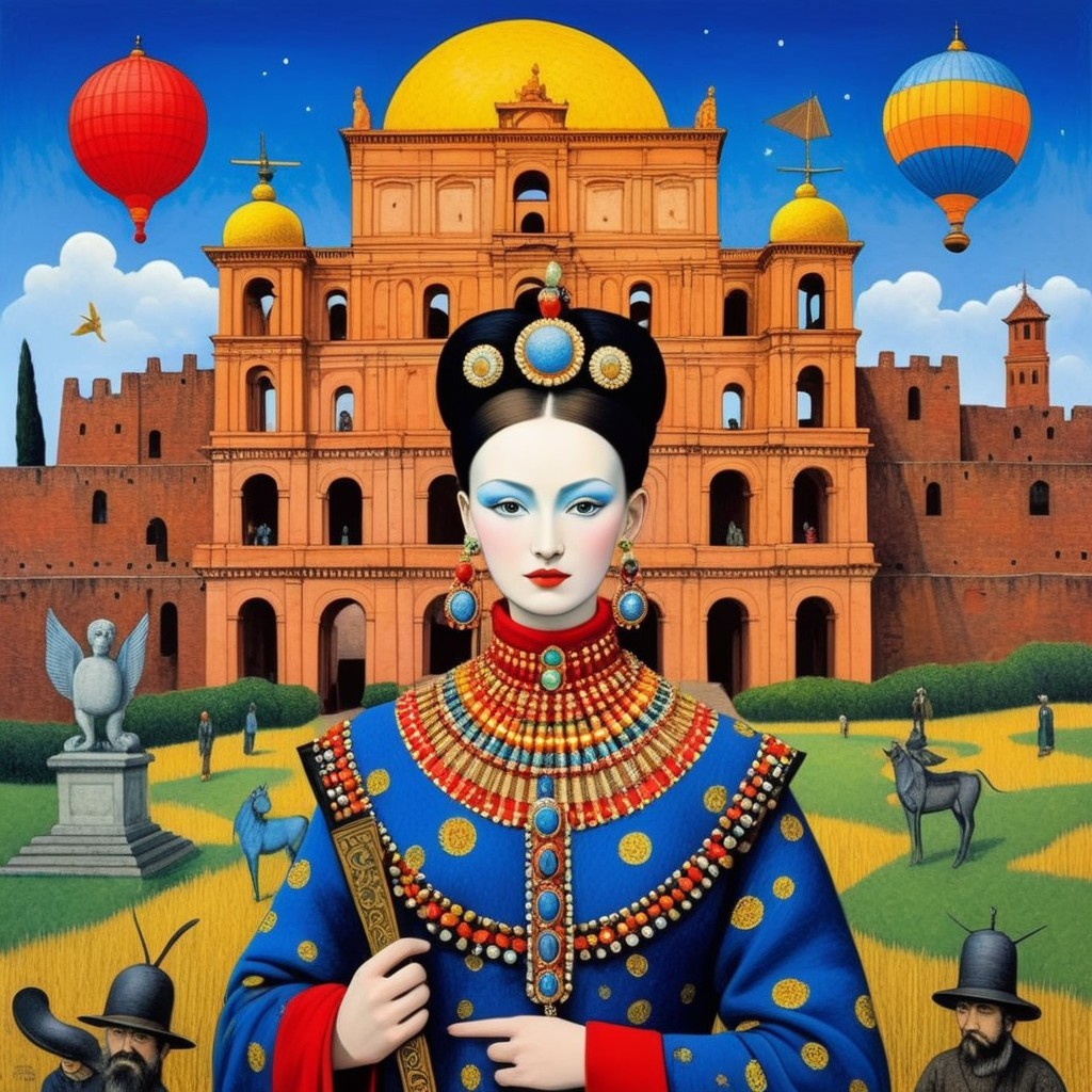 Ceremonial Figure in Vibrant Blue with Ancient Architecture