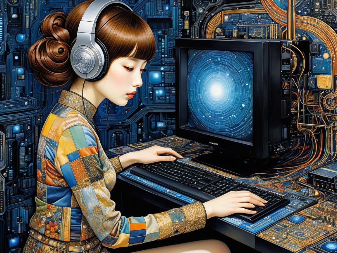 Young woman with headphones in a futuristic setting