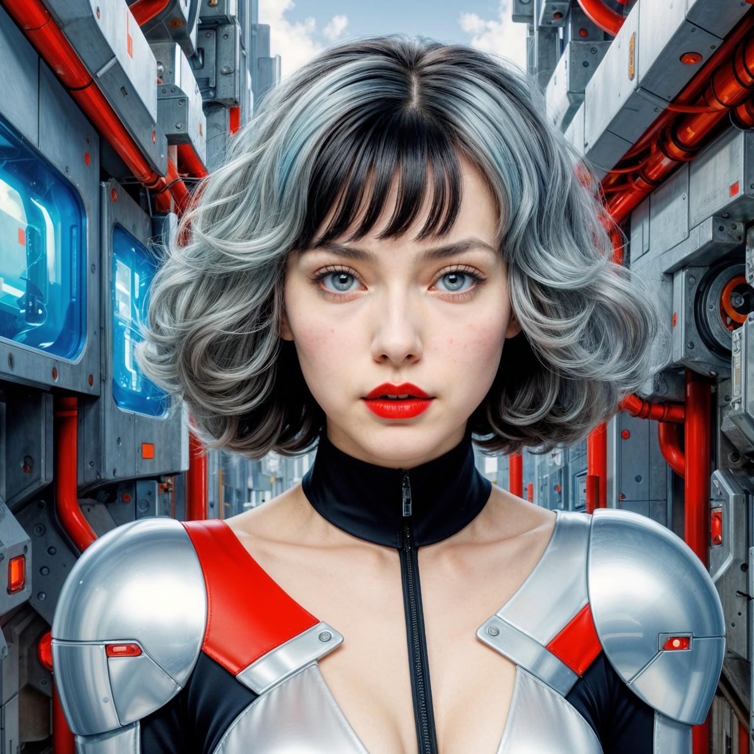 Futuristic Scene with Young Woman in Metallic Outfit