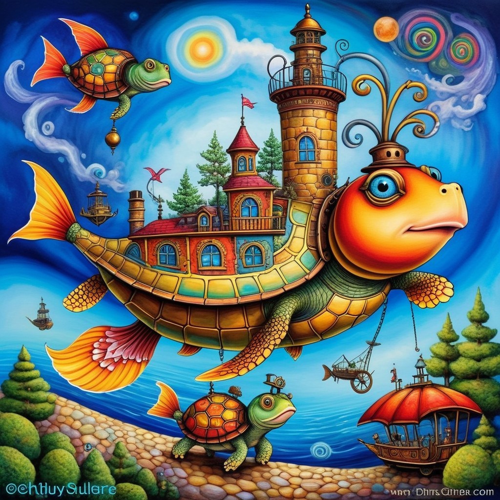 Giant Turtle with Castle and Colorful Fish Scene