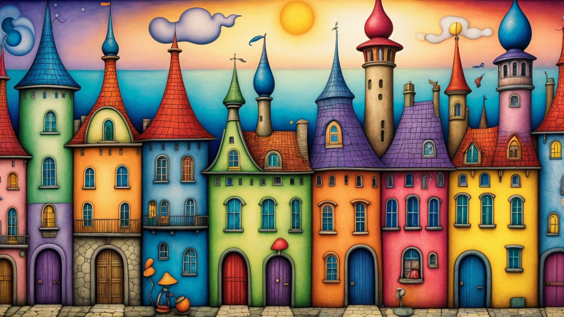 Whimsical Village with Colorful Buildings and Sunset Sky