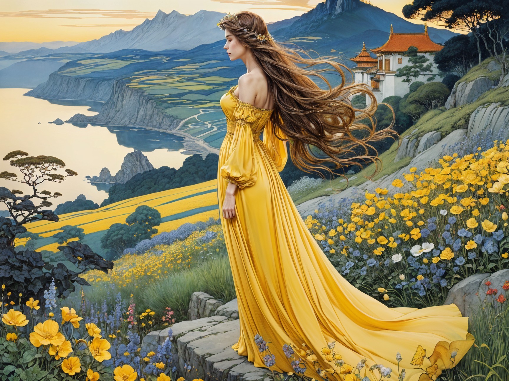 Serene Landscape with Woman in Yellow Dress and Wildflowers