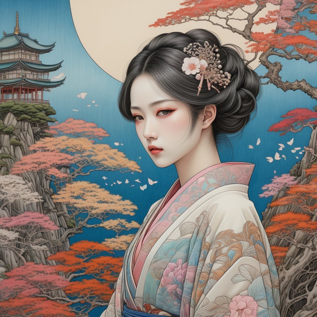 Serene Portrait of Woman in Traditional Japanese Attire