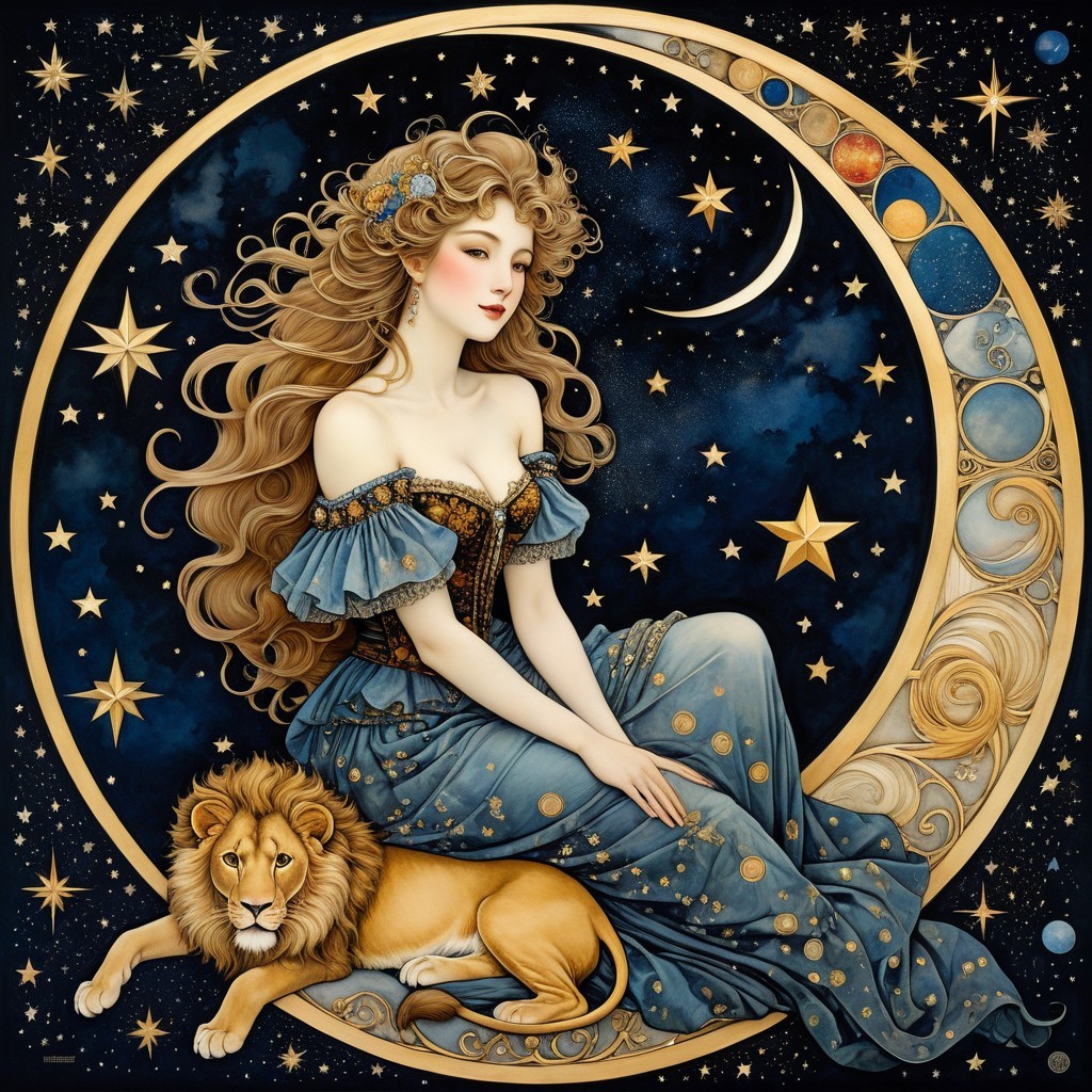 Ethereal Figure on Crescent Moon with Lion Companion