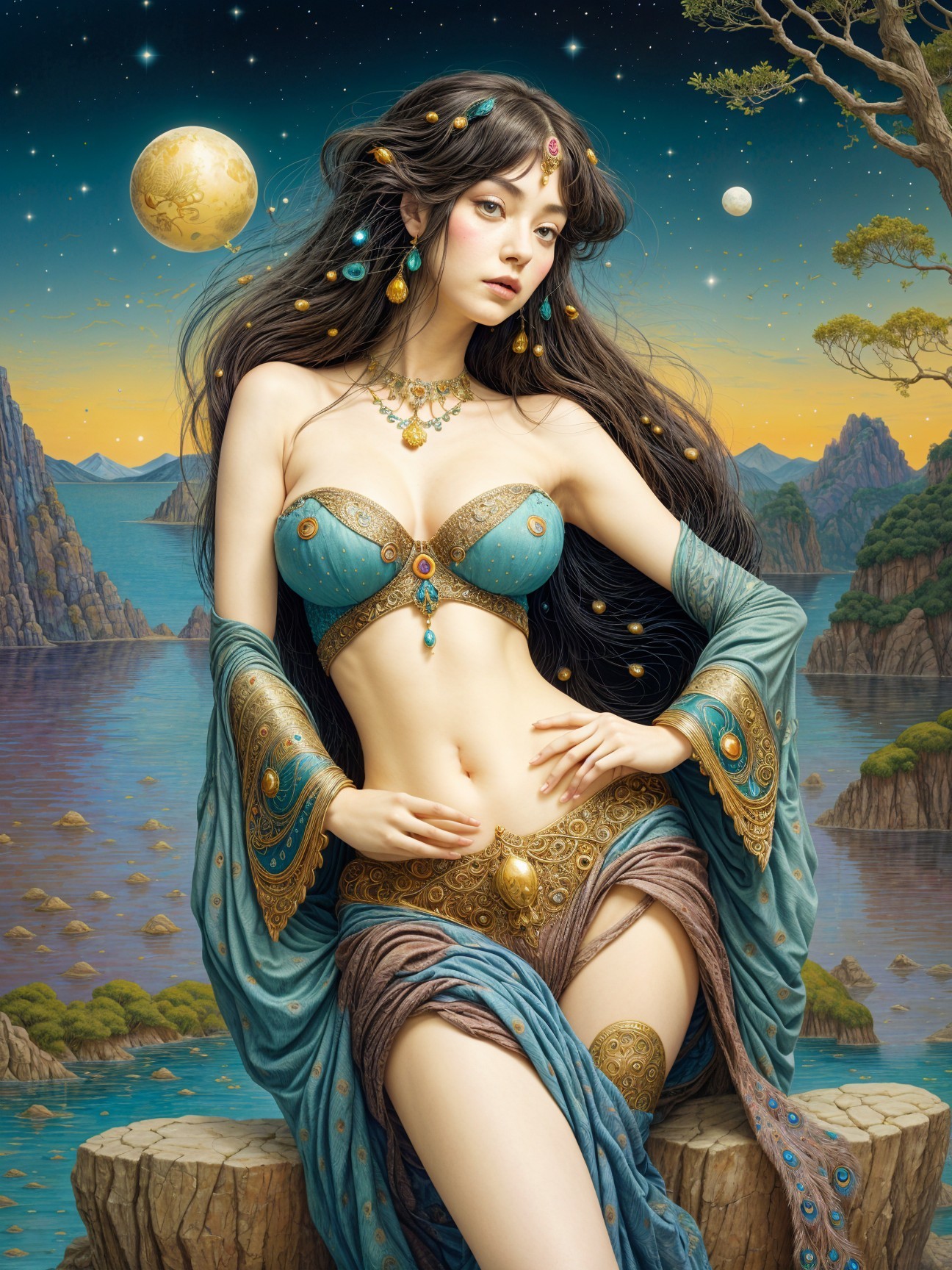 Elegant Figure in Fantastical Landscape at Twilight