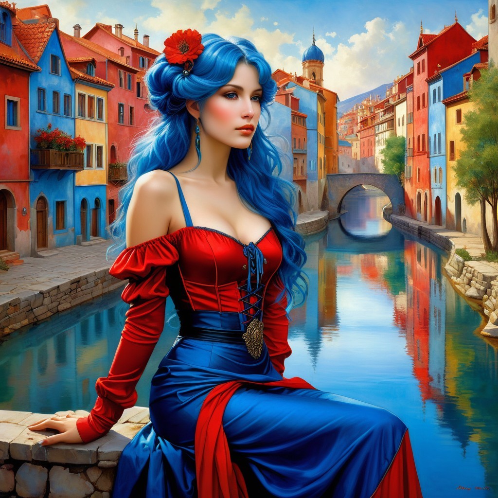 Young woman by canal in red and blue dress