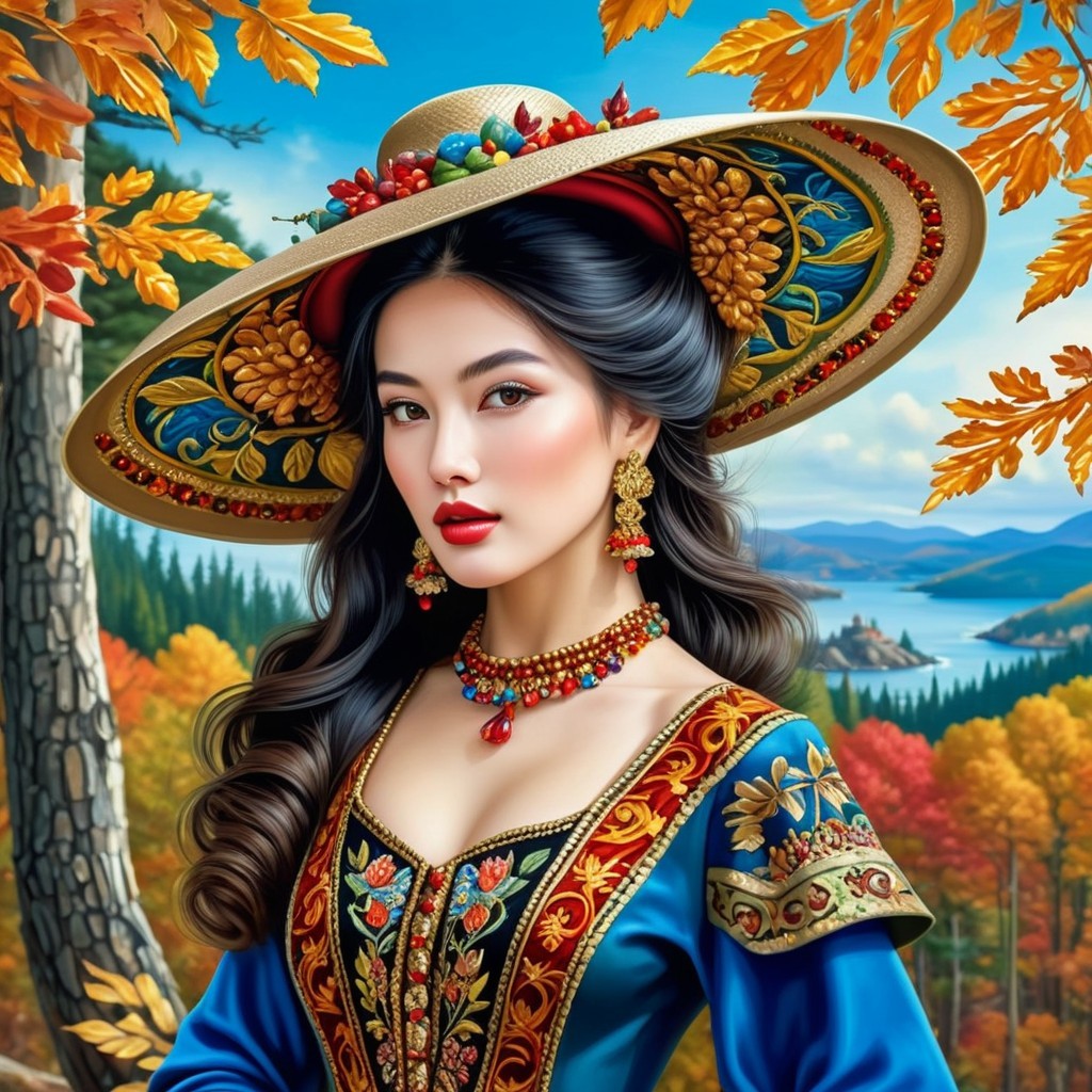 Woman in blue dress amid autumn landscape and lake