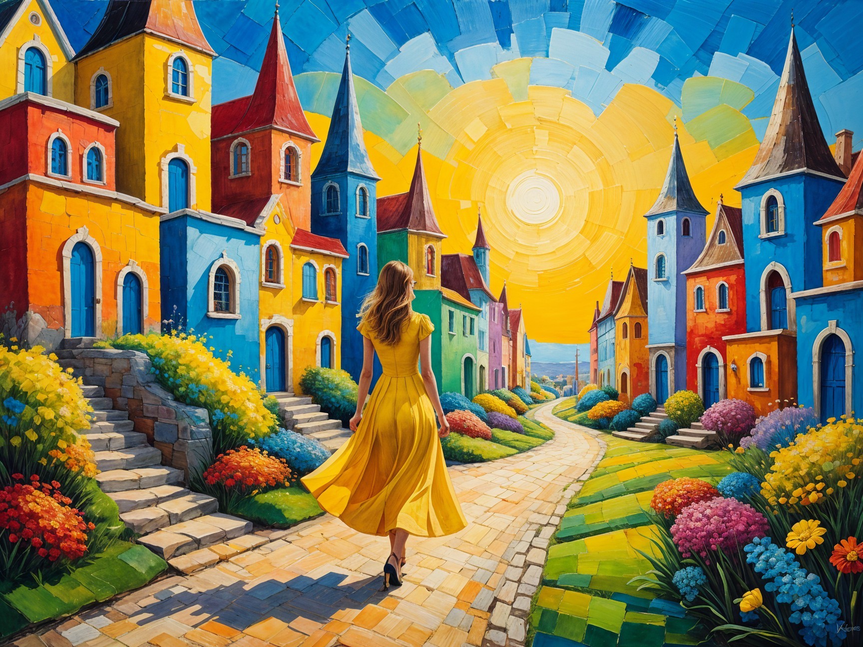 Vibrant Landscape with Colorful Houses and Gardens