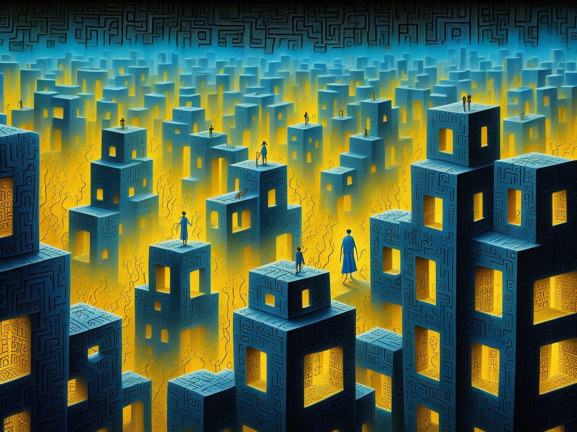 Surreal Cityscape with Blue Structures and Yellow Ground