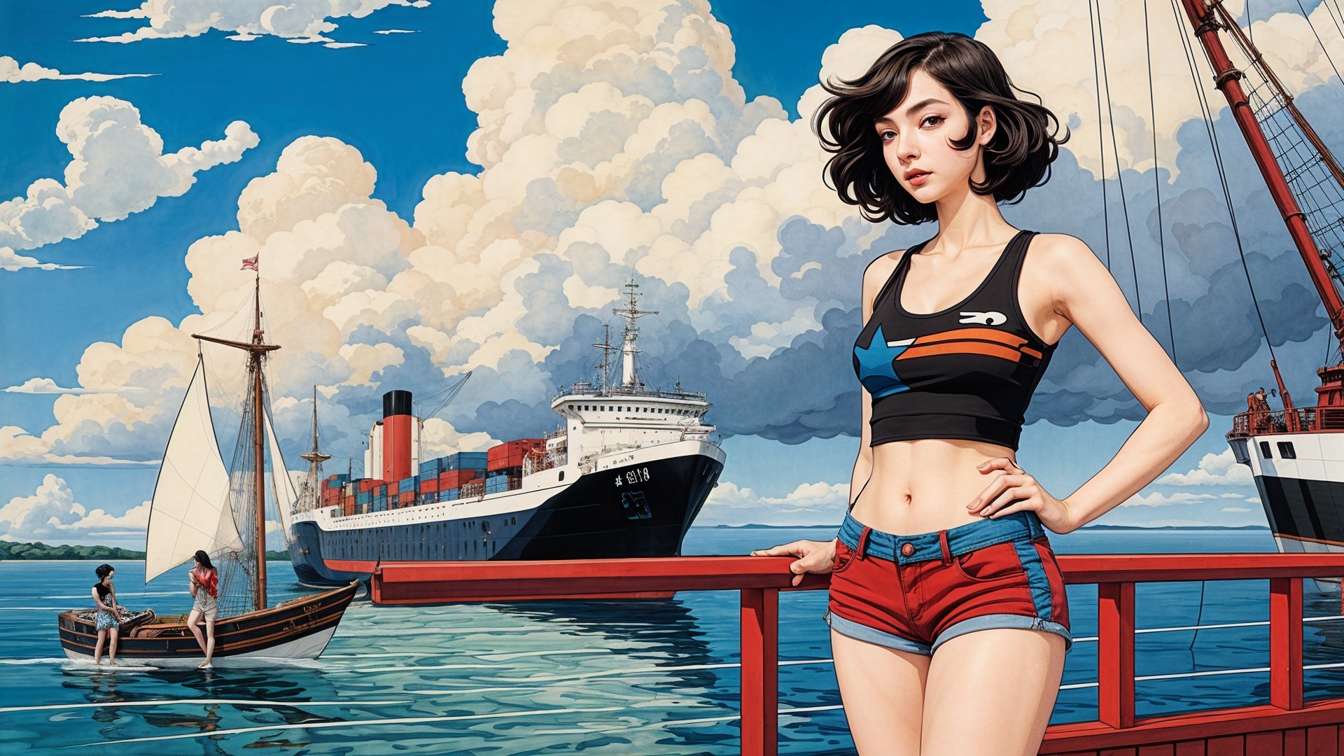 Stylized Illustration of Woman on Dock with Ships
