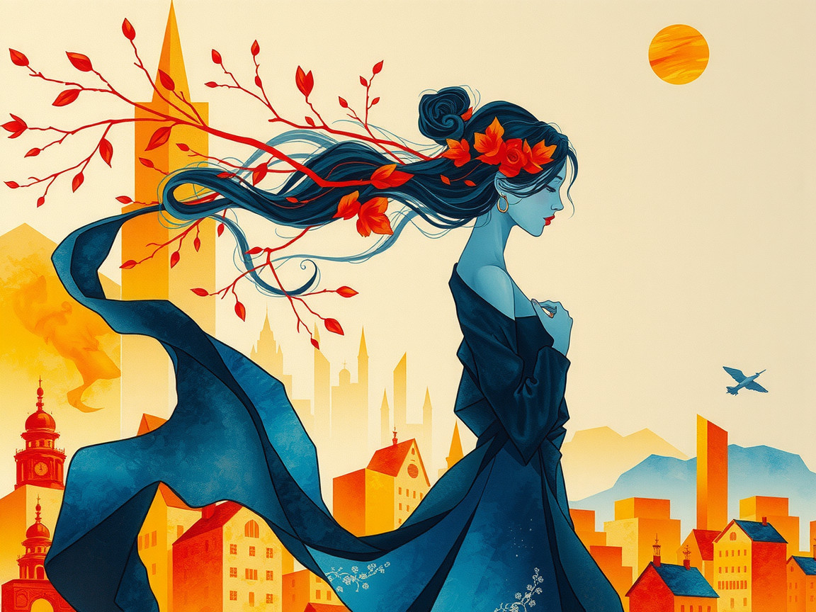 Serene Woman with Autumn Leaves in Cityscape Art
