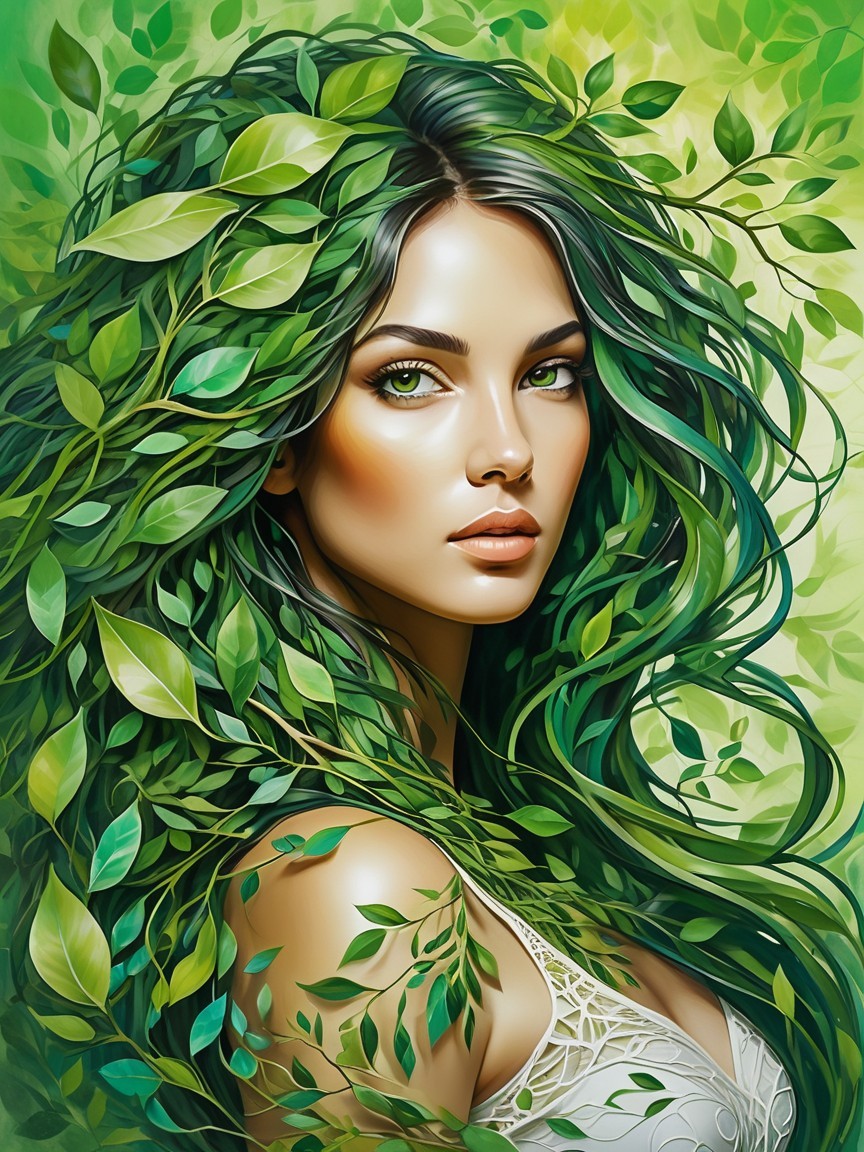 Woman with Green Hair and Leaves in Nature Background