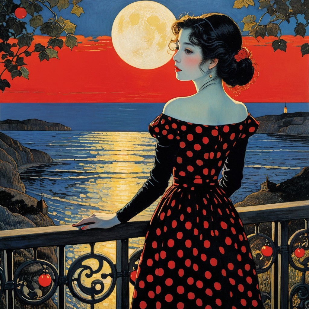 Young woman in black dress on balcony at moonlit ocean