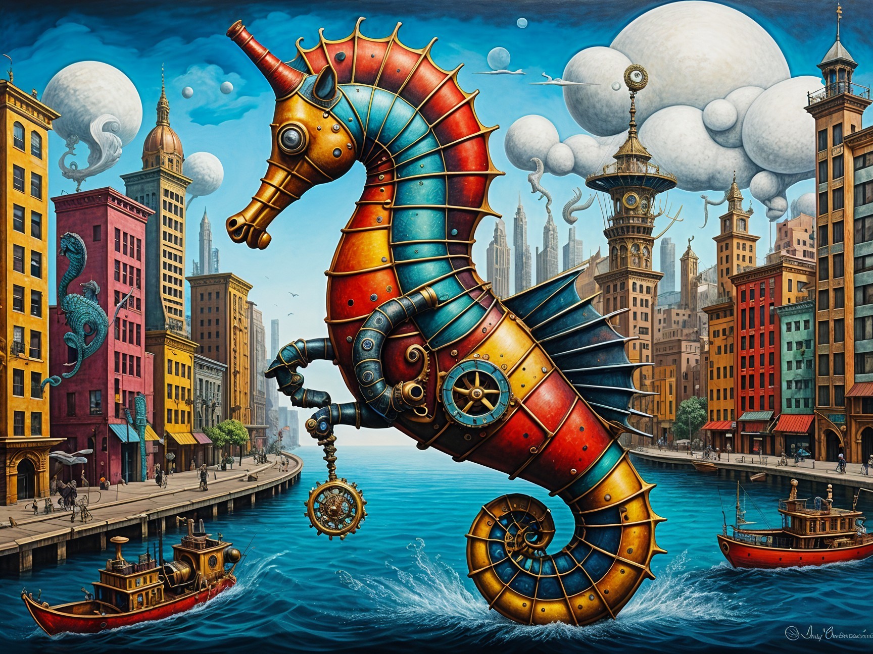 Surreal Steampunk Seahorse Over Colorful Waterfront City